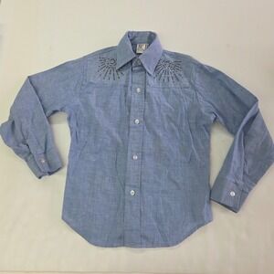 Billy The‎ Kid Shirt Boys 10 Western Blue Denim Button Up Rhinestone Vintage